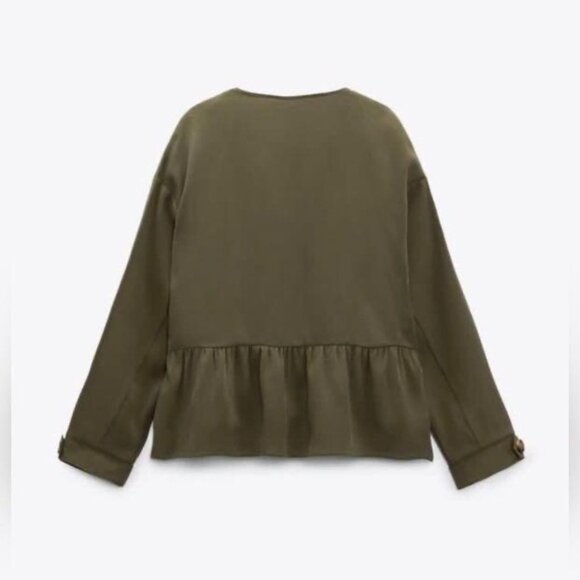NWT ZARA Viscose Blend Ruffle Peplum Army Green Jacket Open Front 4968/068/M - Picture 5 of 14